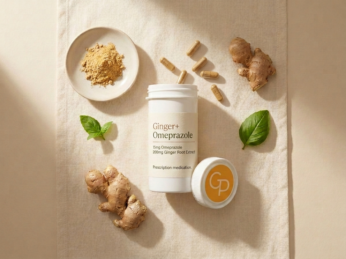 Ginger+ Omeprazole with capsules, ginger root, and ginger powder