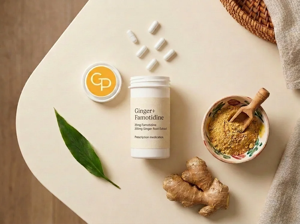 Ginger+ Famotidine bottle with capsules, ginger root, and ginger powder