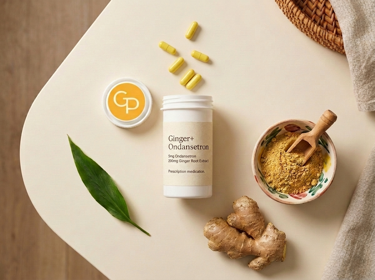 Ginger+ Ondansetron with capsules, ginger root, and ginger powder