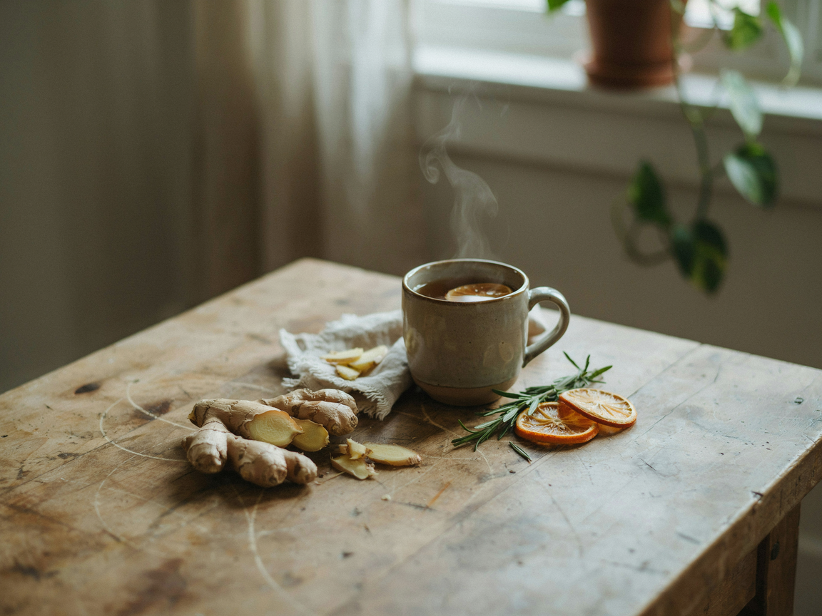 Ginger root and ginger tea on a warm table
