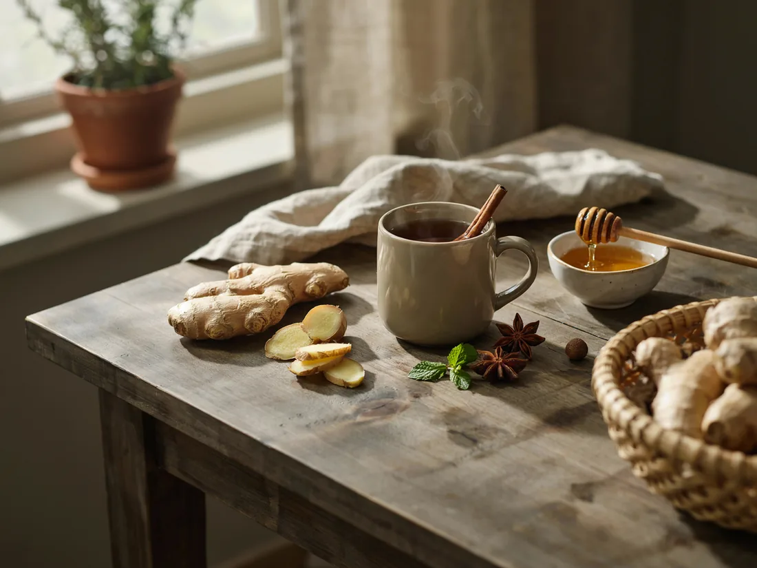 Fresh ginger and a cup of ginger tea on a table