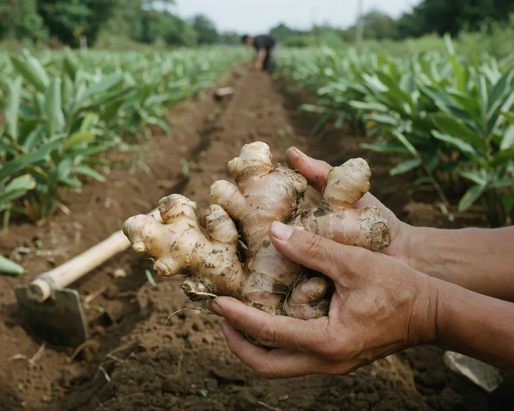 Fresh ginger root on a warm beige surface