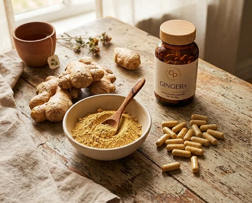 Fresh ginger root beside a Ginger+ capsule on a warm cream surface